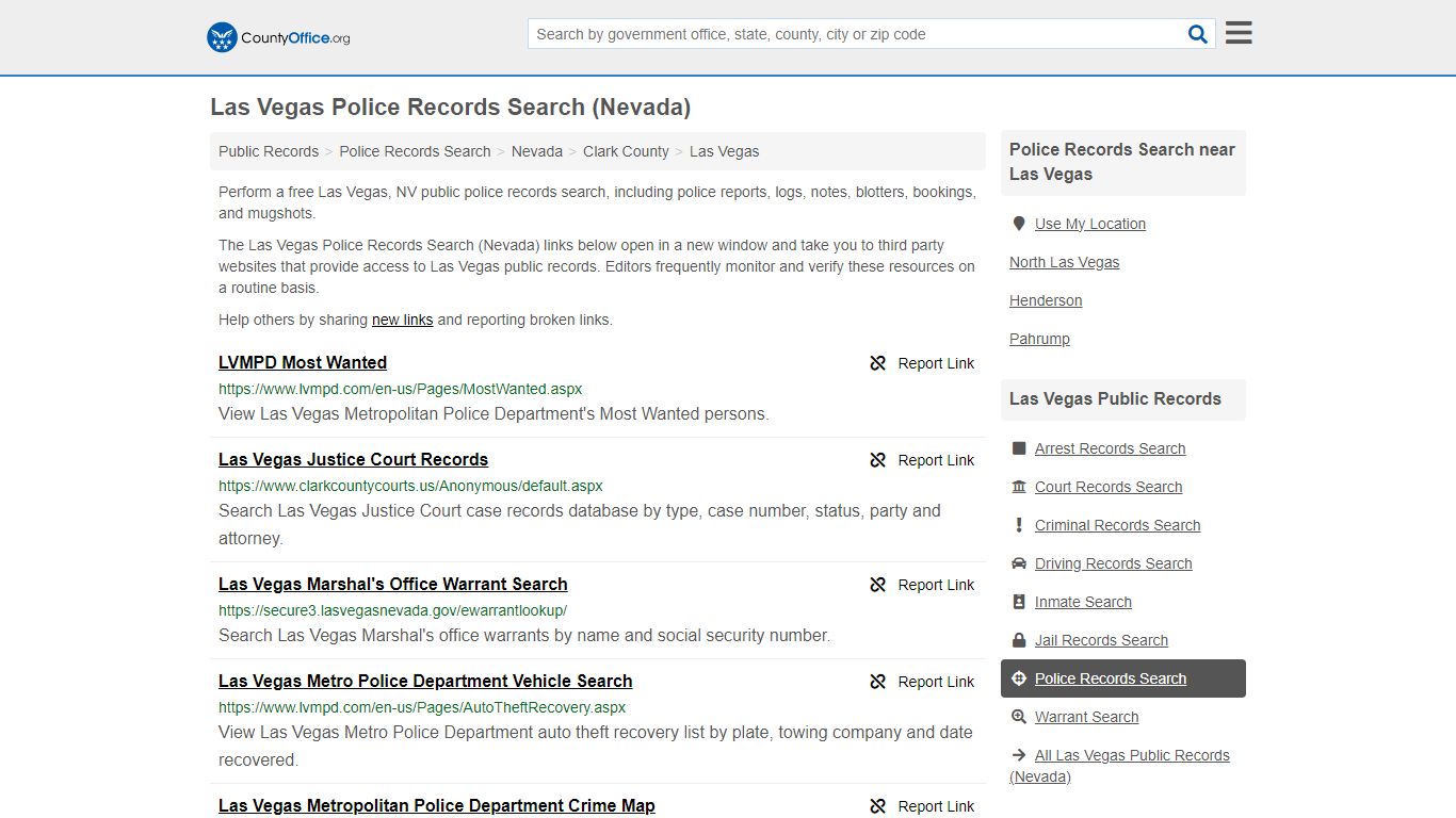 Las Vegas Police Records Search (Nevada) - County Office